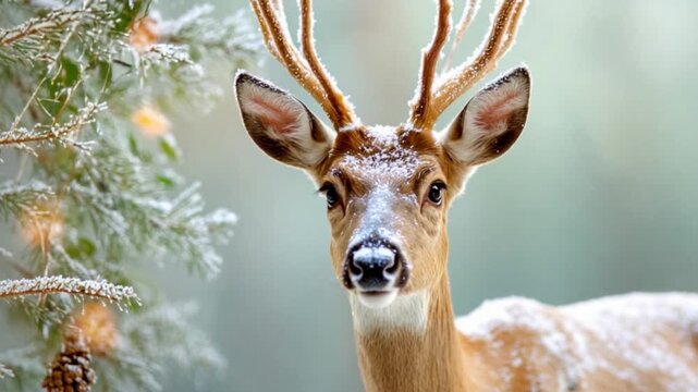 Deer in Winter: A majestic buck stands regally amidst a snowy landscape, its antlers adorned with frost, and its eyes reflecting the serene beauty of the winter wonderland.