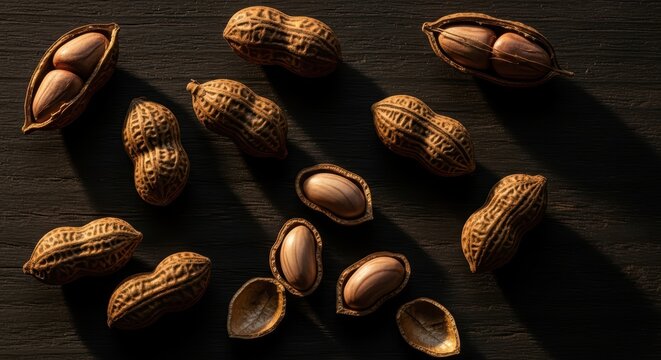 Closeup of organic peanuts in shells on dark wooden surface - Powered by Adobe