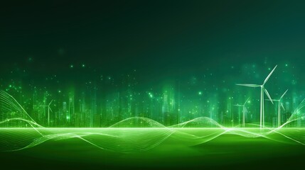 Clean energy grid improvement concept. A vibrant green cityscape featuring wind turbines, symbolizing renewable energy and technological advancement in a futuristic environment.