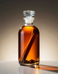 Amber Glass Bottle with Cinnamon and Cloves on Warm Background—Luxury Spa and Aromatherapy Concept