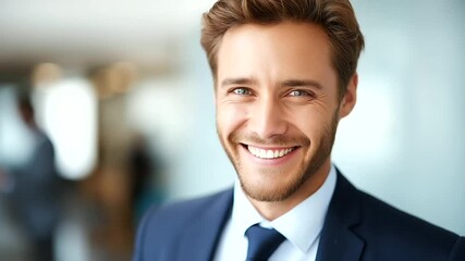 Handsome travel agent smiling at camera defocused office, faceless professional portrait, tourism visualization detail, blurred agency background, agent concept, friendly interface