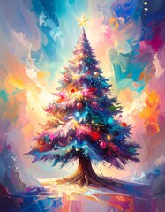 Christmas Tree with Vibrant Ornaments: A festive Christmas tree, adorned with twinkling lights and colorful ornaments, stands radiant against a background of artistic strokes.