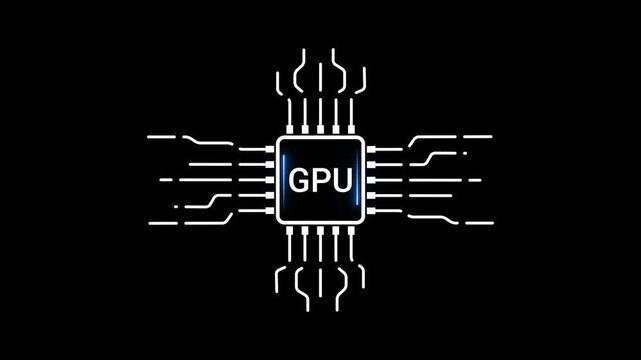 White GPU Microchip Icon with Glowing Blue Light on Black Background graphics processing unit processor