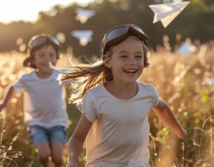 Childhood Dreams: A joyous pair of children, adorned with aviator goggles, dash through a sun-drenched field, paper airplanes soaring above, encapsulating the spirit of imagination and youthful glee.