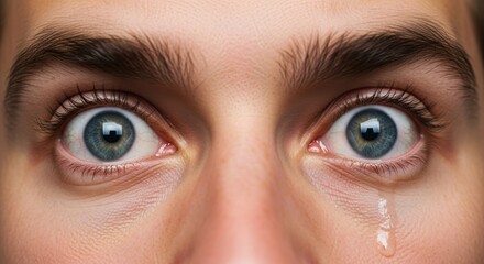 Naklejka premium Close-up on Wide eyes showing intense emotion, with tears welling up. Eyes expressing fear, sorrow, or shock with visible tear tracks, showcasing deep emotional vulnerability.