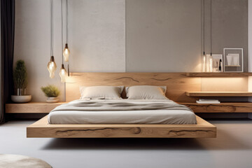 Modern bedroom sanctuary featuring a floating wood bed, warm ambient lighting, and minimalist decor for ultimate relaxation and style