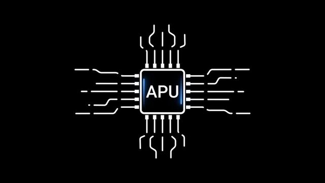 White APU Microchip Icon with Glowing Blue Light on Black Background accelerated processing unit processor
