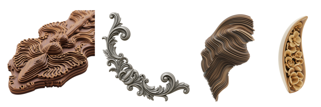 Collection of ornate decorative elements with intricate patterns and textures