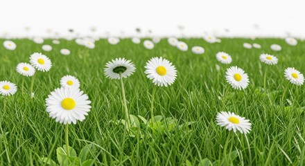 A lush, green field filled with blooming white and yellow daisy flowers under a bright, sunny sky. The daisies stand out against the verdant grass, creating a serene and tranquil natural scene.