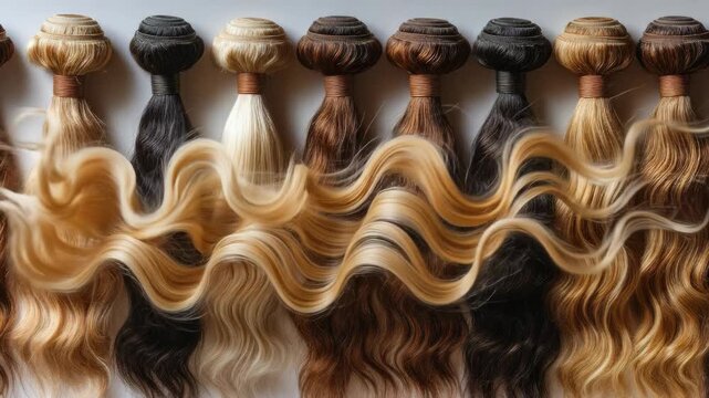 Collection of luxurious wavy hair extensions, blonde, brown, black shades, showcasing vibrant, smooth, glossy strands. Perfect for beauty and diverse wig styles.