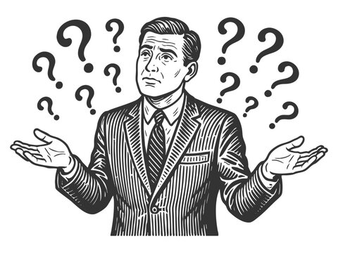 puzzled businessman shrugging with question marks around him, expressing confusion or uncertainty sketch engraving generative ai fictional character vector illustration. Scratch board. Black and white