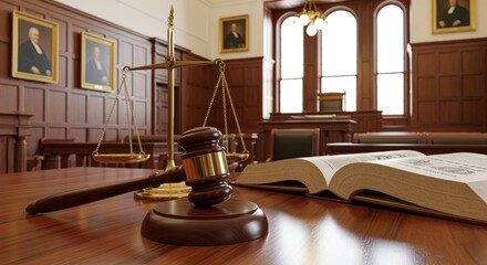 Classic courtroom setting with wooden bench, law book, and judge's gavel on polished table. Wooden paneling, arched windows, and framed portraits suggest an official legal environment.
