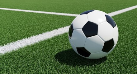 A soccer ball rests on a lush, green grass field with white boundary lines. The ball has a classic black and white design, and the setting suggests a professional or recreational soccer pitch.