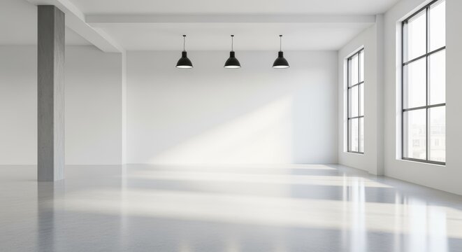 Bright, minimalist interior with large windows, polished concrete floors, and modern black pendant lamps.