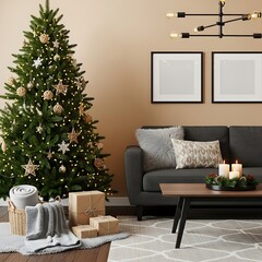 Cozy Living Room Scene with Decorated Christmas Tree and Presents Underneath a Warm Light