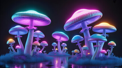 Vibrant fantasy mushroom illustration with glowing neon colors reflecting on dark mysterious water surface
