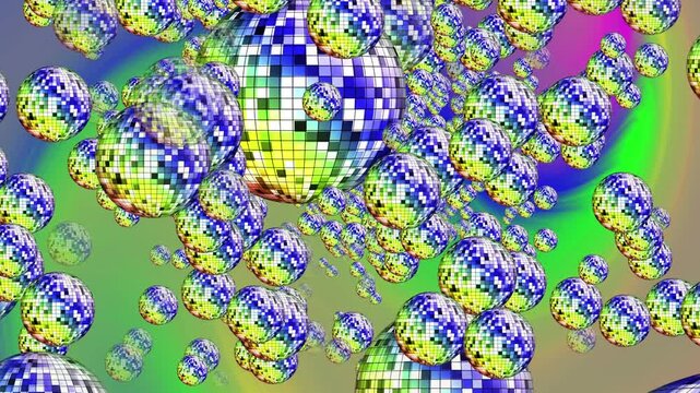 Pixel-style spheres arranged in a colorful repeating pattern with a digital abstract look.