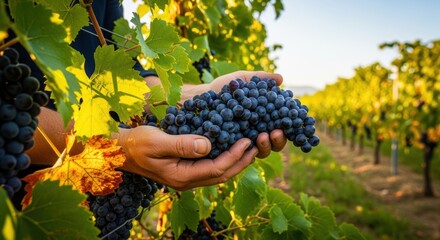 Hands hold lush, ripe purple grapes in a sun-dappled vineyard. Vibrant green leaves and vines create an autumnal scene, capturing the essence of agriculture and winemaking.