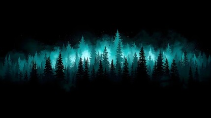 A horizontal, dramatic digital illustration depicting a dense line of pine or spruce trees forming a dense forest border against a solid black background.