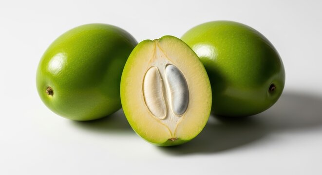 Three fresh green abiu fruits with one halved showing seeds