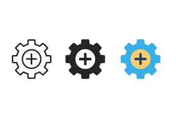 Minimalist Gear Designs. Minimalist gear with plus icon: three identical gears with a small plus sign inside in a row, first in