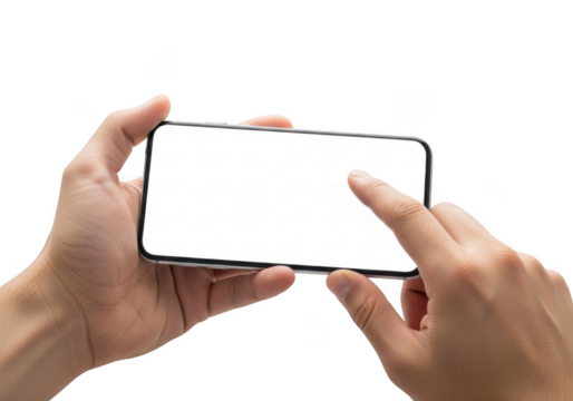 Person holding and touching a blank smartphone screen in landscape mode transparent background - Powered by Adobe