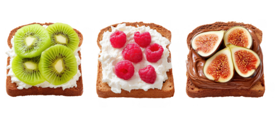 Toast with kiwi, raspberries, and figs, created AI, PNG