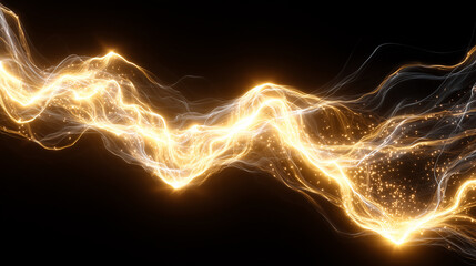 Dynamic Golden Electric Flow: Abstract Glowing Energy Wave with Sparkling Particles