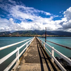Pier extending into a tranquil bay under a vibrant sky