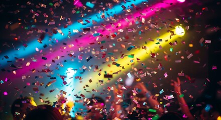 Confetti Falling on a Crowd at a Concert with Colorful Stage Lights.