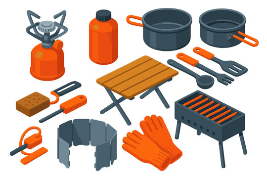Camping Essentials Icons. Isometric vector illustration set Camping essentials – camp stove, fuel canister, cookware set; cooking