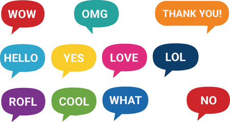 Colorful speech bubbles with popular internet slang words, chat expressions, emoji style design, modern communication, digital message illustration, vector art