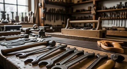 An authentic wooden workbench in a traditional workshop showcasing an array of classic hand tools.
