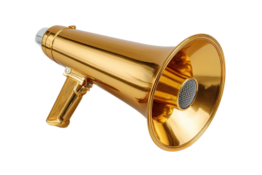 Shiny, golden megaphone lying angled, isolated
