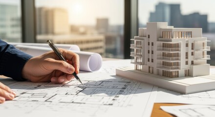 A hand holds a pen, working on architectural plans. A miniature model of a modern residential building stands on the desk, suggesting an urban setting and connection to architecture and construction.