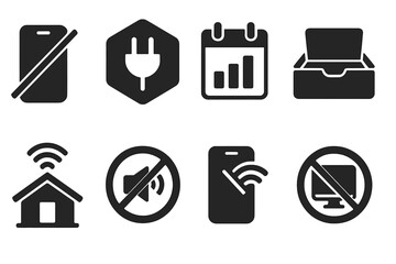 Digital Detox Icons. Solid style icons of digital detox programs: phone crossed-out icon, unplug retreat badge, offline day chart.