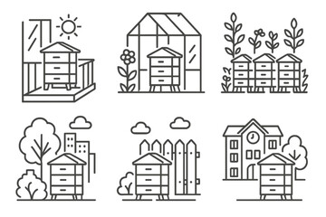 Urban Hive Icons. Line style icons of urban hive locations: balcony hive setup, greenhouse beehive, community garden apiary, hive