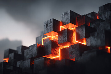 Abstract Cubic Structure with Glowing Lines Illuminated Against a Dramatic Cloudy Background