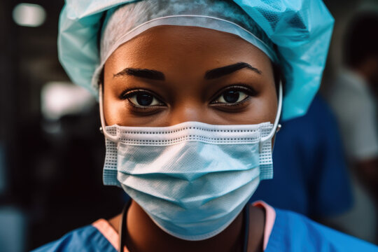 Confident Black female surgeon in scrubs and mask ready to perform life saving operation with intense focus and determination