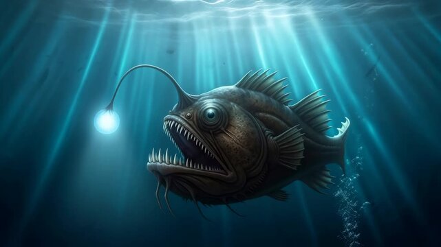 Anglerfish with glowing lure in deep ocean with sunrays breaking through water surface for marine adventure footage