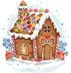 Colorful gingerbread house with candy decorations, snow icing, and festive Christmas design, perfect for holiday illustration, winter celebration, and greeting cards