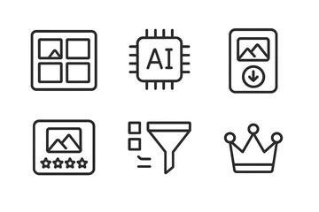 AI Marketplace Icons. Line style icons of AI design marketplaces: art tile preview grid, model marketplace symbol, asset download