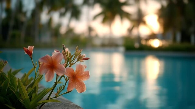 Tropical luxury resort pool with palm defocused sunset, faceless vacation paradise, resort visualization detail, blurred flower background, promotion concept, travel interface, ret