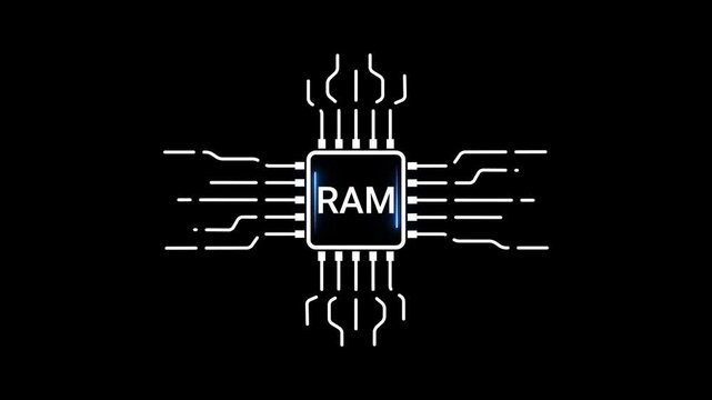 Central Processor Chip Labeled RAM with Electric Blue Neon Outline and Circuit Design on Black Random Access Memory