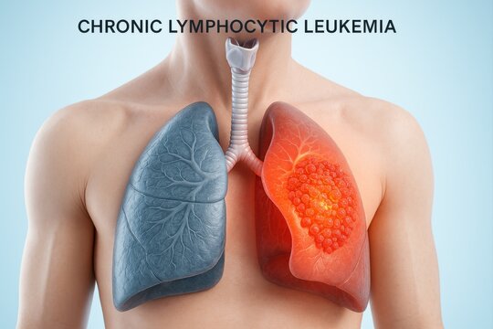 Highly detailed 3D medical illustration showing chest anatomy with inflammation and lymphatic involvement from chronic lymphocytic leukemia, contrasting diseased and healthy tissue.