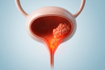 Realistic 3D medical illustration showing a cancerous tumor inside the human bladder, representing urinary system disease and oncology anatomy concept.