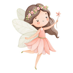 Watercolor fairy clipart, cute flower fairy girl in pink dress with wings illustration