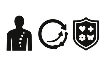 Ink Journey Icons. Solid style icons of personal ink journeys: body map icon, ink timeline ring, tattoo chapter badge.