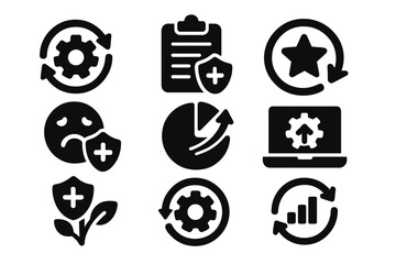 System Upgrade Icons. Solid style icons of system upgrade through feedback: feedback loop gear, system log to patch icon, looped