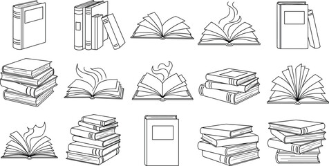 Collection of book line art illustrations, stack of books and open book icons, education and reading concept vector design